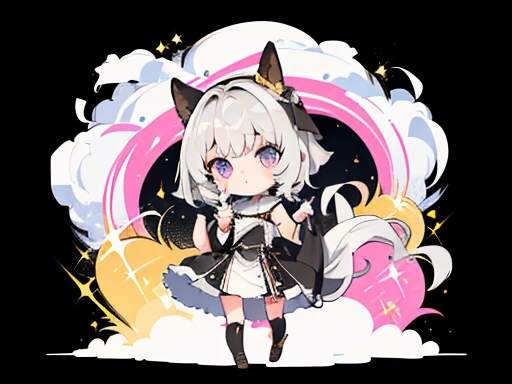 (Palm-sized, Best Quality:1), A Russian girl in her early teens with ash grey hair, 独奏, chibi, The background is dotted with seven colors of sparkle.((must)), high-contrast((must))