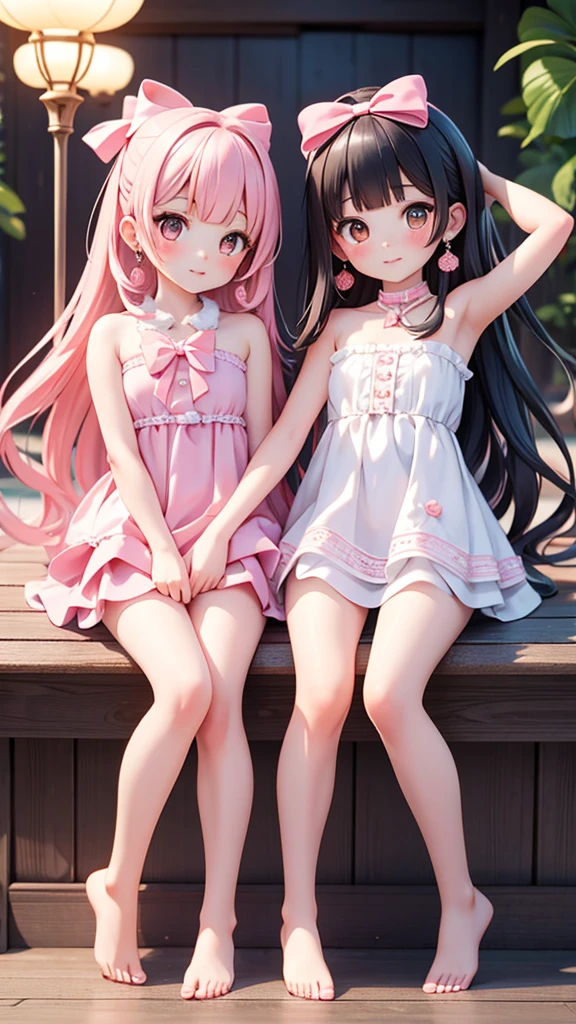 (((bishojo, two girls))), ((kawaii face)), ((kawaii eyes)), (masterpiece), (top quality), (hyper detailed), (exquisite), (depth), (crisp), (8k), (beautiful and aesthetic), (super detailed skin), (high standard), (high resolution), (perfect anatomy), ((full body)), (blush), (bare foot), (bow in hair), (armpits), (blunt bangs), (earrings), (strapless sleeveless dress), (summer coast), ((yuri))