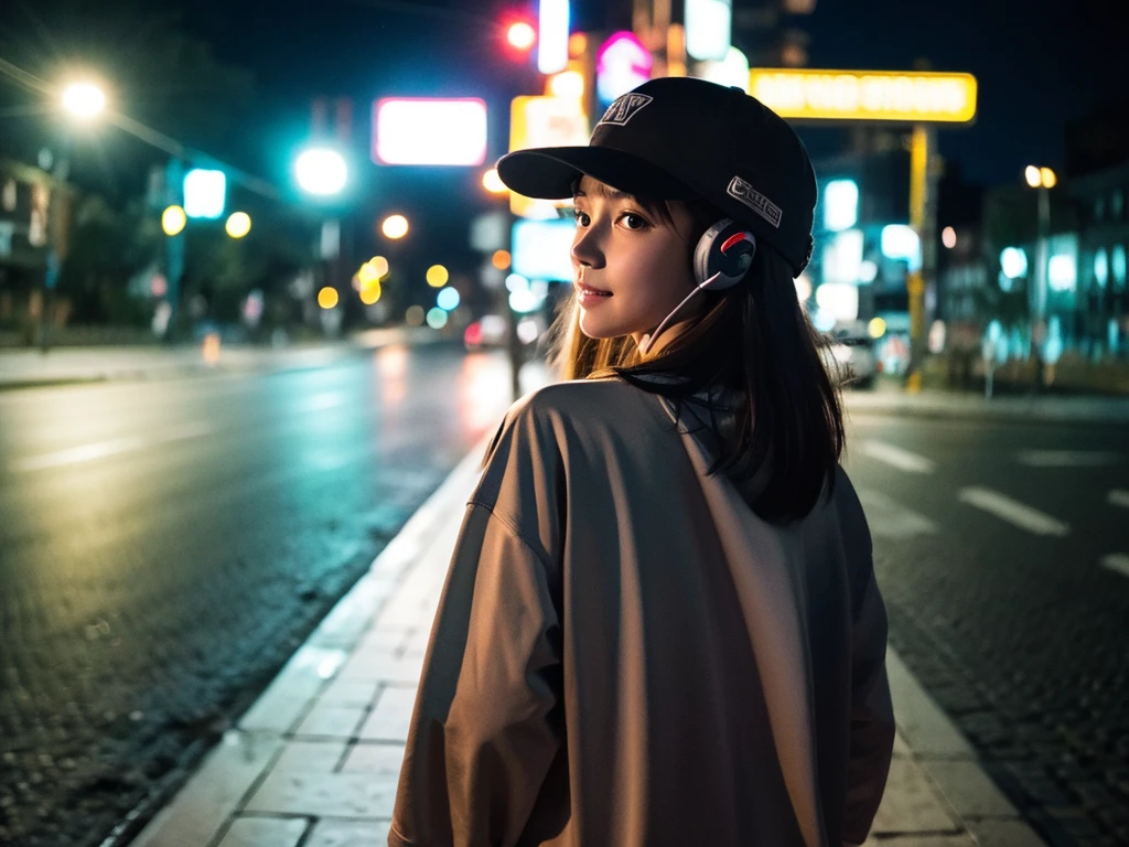 1 beautiful girl,night,With a baseball cap,Wearing headphones,Walking alone on the street,Back,It's drizzling