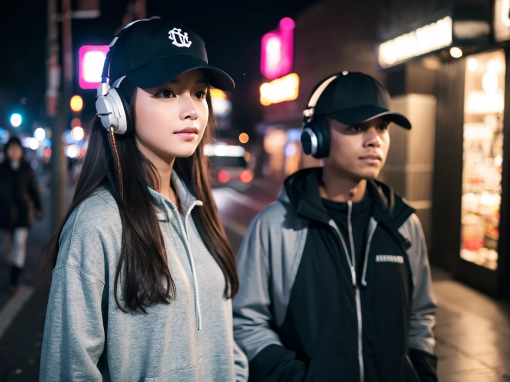 1 beautiful girl,night,With a baseball cap,Wearing headphones,Walking alone on the street,Back,It's drizzling
