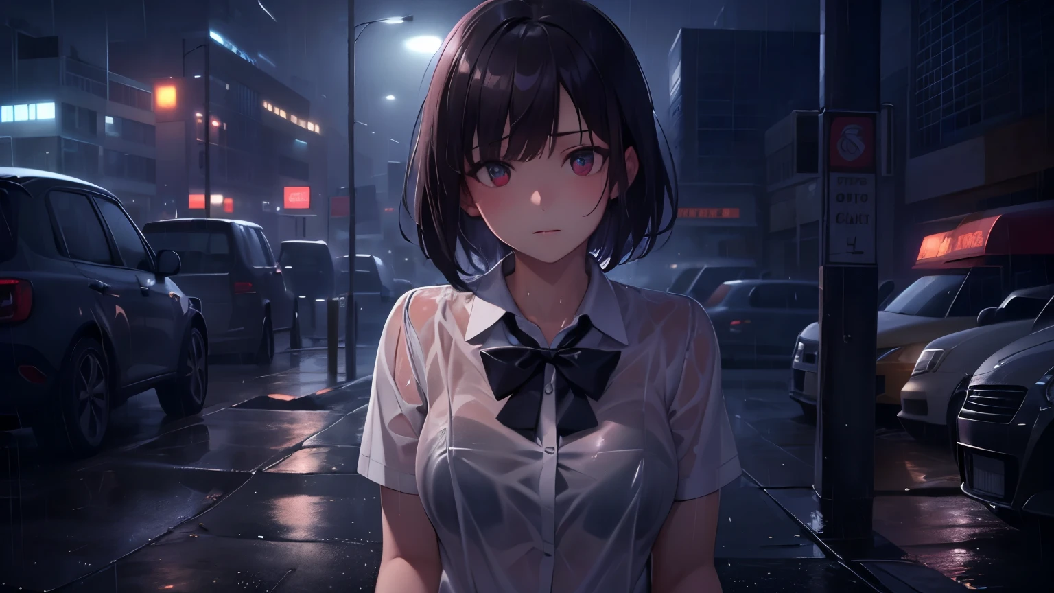 (8K,masterpiece,Highest quality),Hyper Detail,Realistically,Highly detailed face、pupil,City lights,Raytracing, heavy rain,Short black hair、A girl with a fragile expression、Navy blue school uniform、White blouse,Black Mini Skirt,Slim and beautiful thighs、Rain-soaked clothes,Depth of written boundary ,cinema lens lighting、Night view
