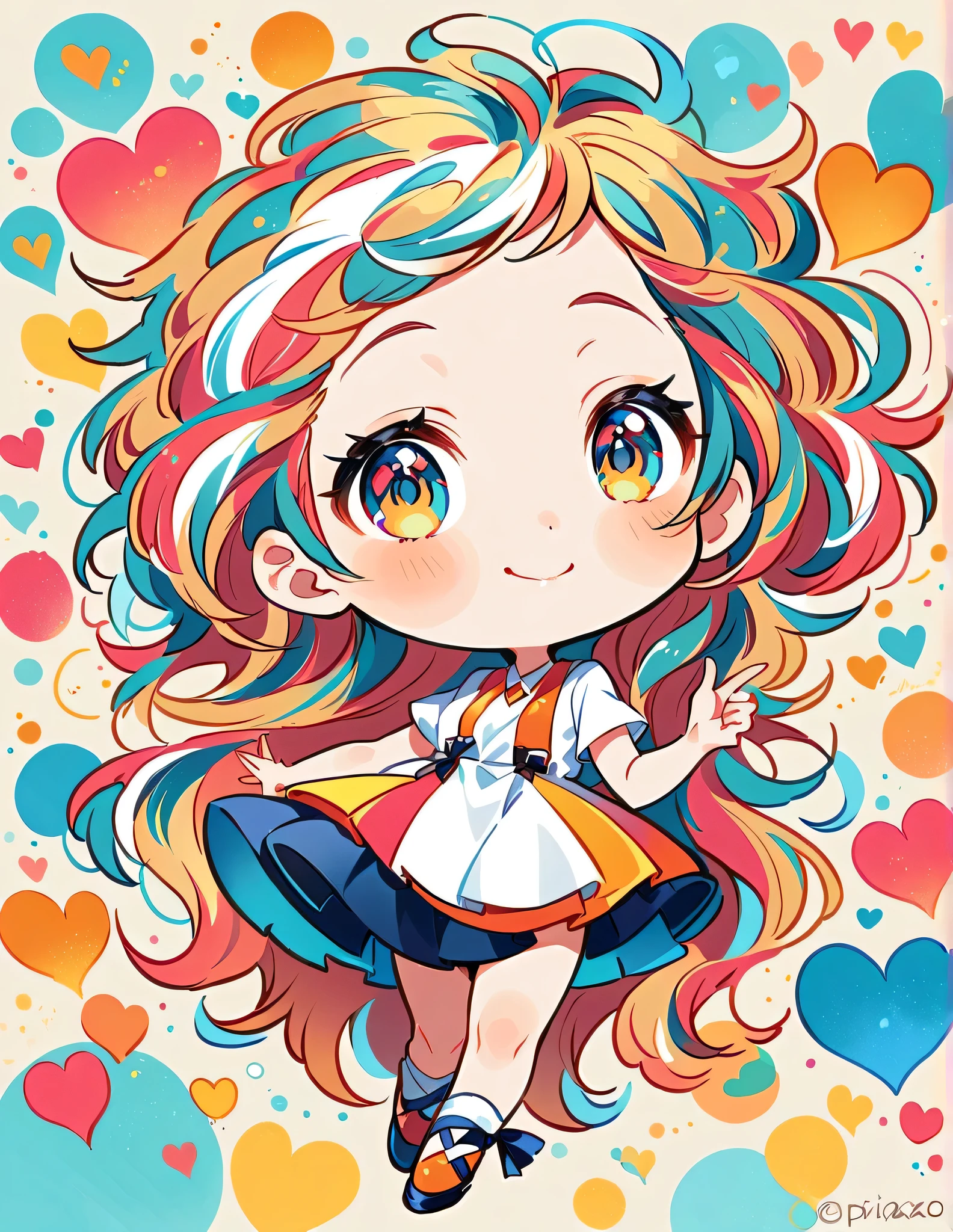 Mika Pikazo style, Simple Line Initialism，Abstract art，Urban Background, colorful hearts ,(((The most beautiful girl of all time))), (((chibi))), happy dance