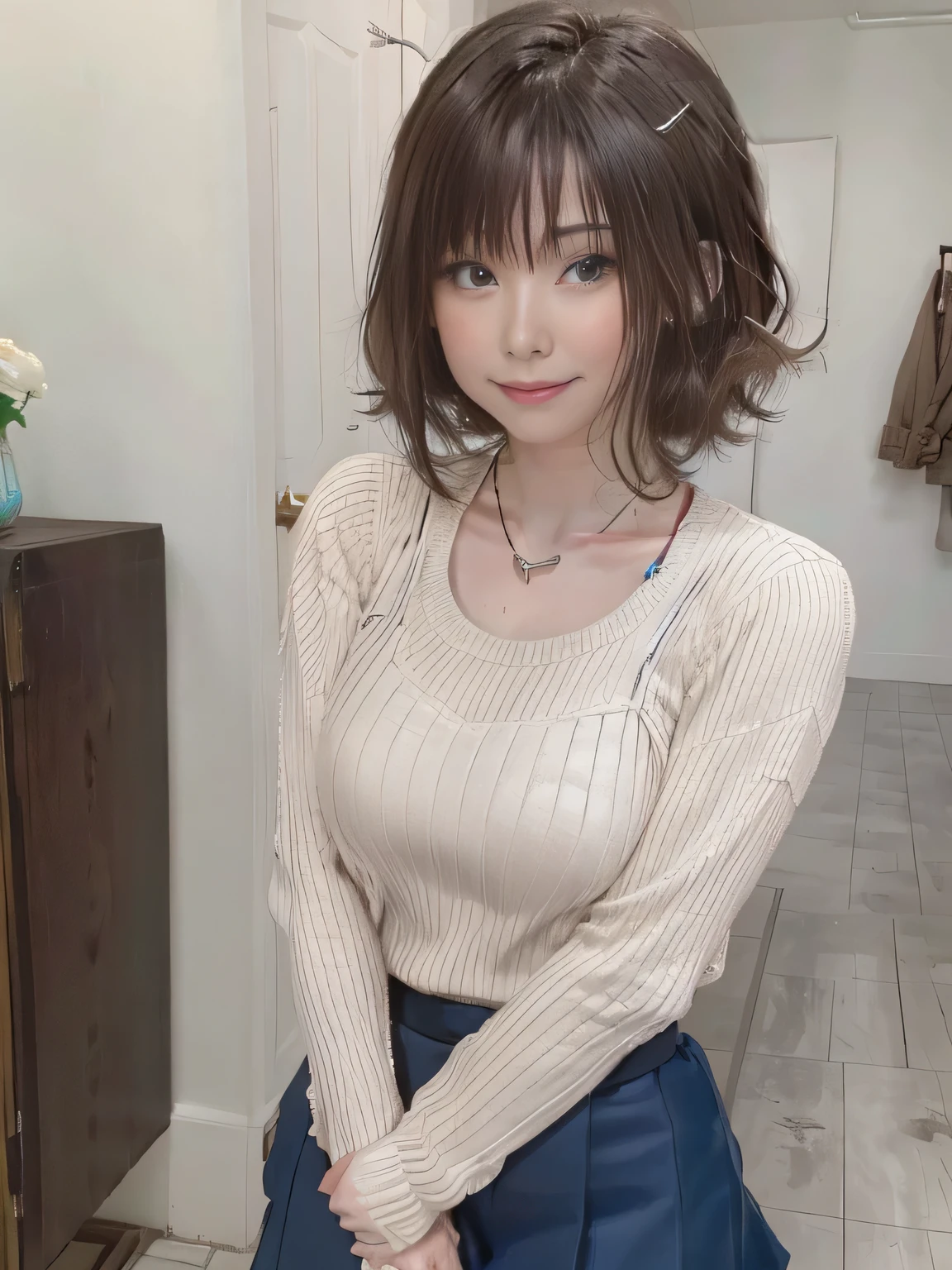 Appearance: Medium-length hair with dark green and light blonde highlights
Outfit: White ribbed sweater, dark skirt
Accessories: Necklace, holding a smartphone with a pink case
Expression: Blushing face, smiling, slightly sweaty
Pose: Slightly bent over, one hand lifting skirt
Background: simple