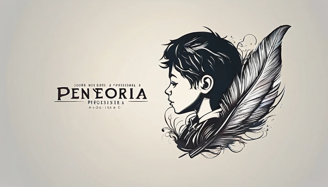 Create a professional, fantastic, cinematic dream-like Youtube Banner for a brand about music, stories, fantasy and dreams called " Penamemoria". Masterpiece, 4k, sharp focus, highest quality,wide shot. The title is " Penamemoria". Is a brand about the creative, unique journey of a boy into becoming a musician storyteller inspired by feathers and birds. Modern logo design of a boy and a feather. The logo must convey a sense of memories and dreams