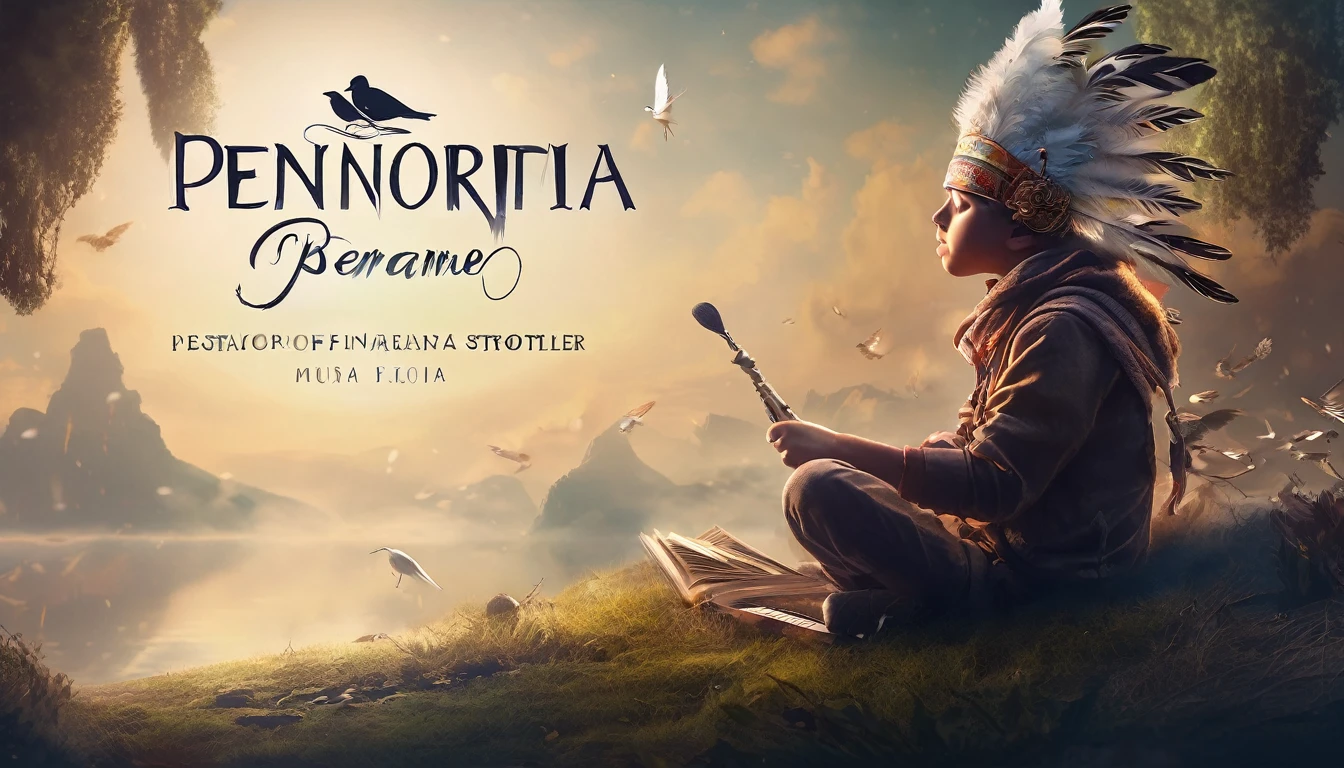 Create a professional, fantastic, cinematic dream-like Youtube Banner for a brand about music, stories, fantasy and dreams called " Penamemoria". Masterpiece, 4k, sharp focus, highest quality,wide shot. The title is " Penamemoria". Is a brand about the creative, unique journey of a boy into becoming a musician storyteller inspired by feathers and birds. Modern logo design of a boy and a feather. The logo must convey a sense of memories and dreams