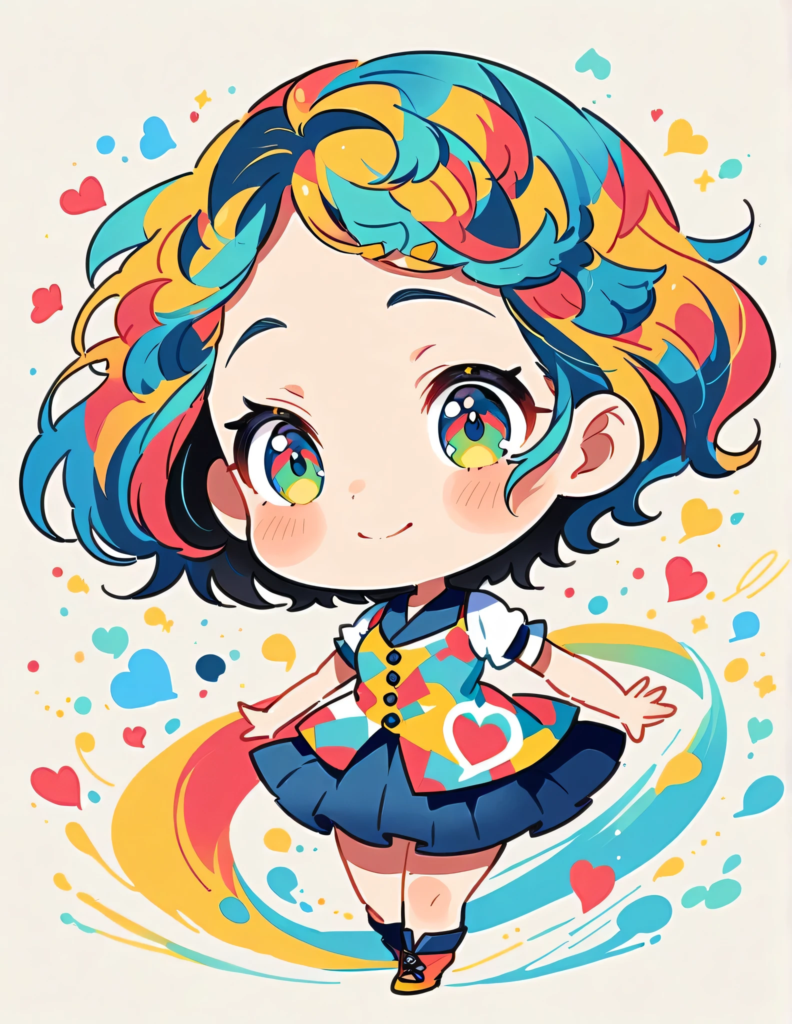 Mika Pikazo style, Simple Line Initialism,Abstract art,Urban Background, colorful hearts ,(((The most beautiful girl of all time))), (((chibi))), happy dance