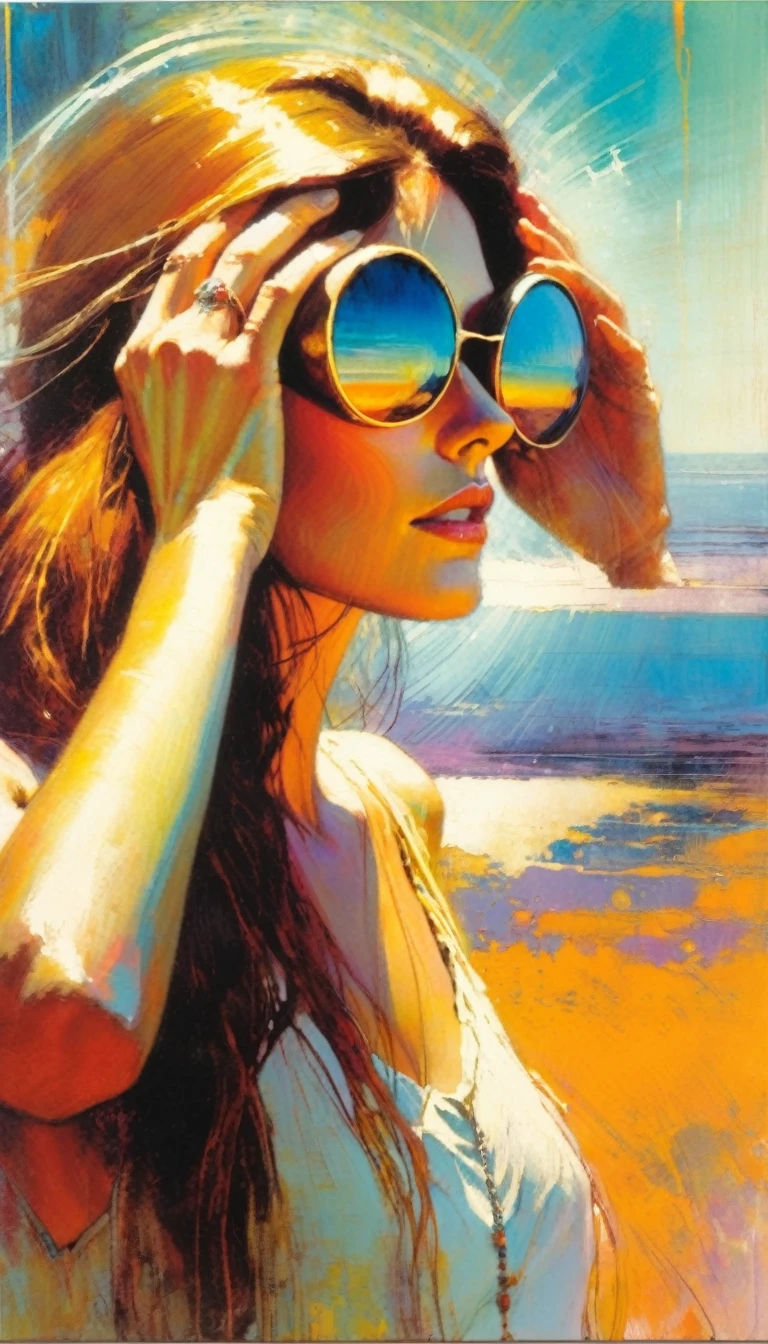 beautiful woman, traveling woman, very hippie, she places her hand on her forehead to cover her eyes from the sun and be able to see the horizon(art inspired in Bill Sienkiewicz). oil painting)