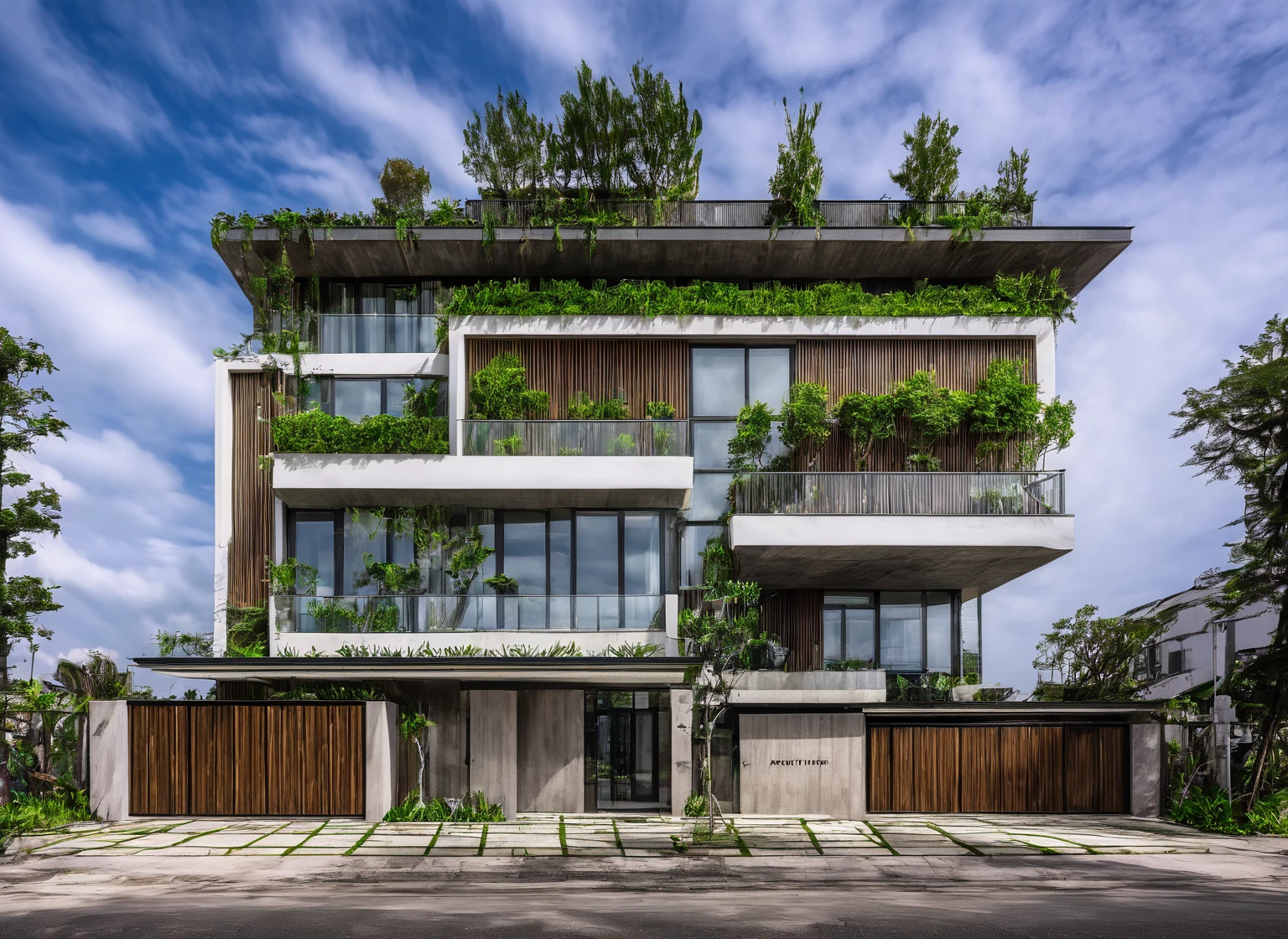 Raw photo of modern architecture,  house, Fujifilm XT3, full Shot, high quality,  best quality,  authentic, super detail, 8k uhd, indoors, dark tone,daylight, sky, tree, grass, natural stone,