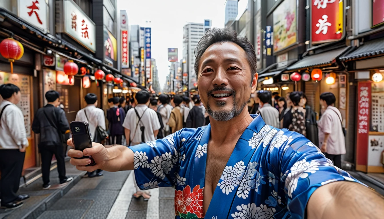 Middle-aged man taking a selfie in the streets of Shinjuku, man wears a Japanese kimono, full body, wide angle, 4K (man) high resolution, sharp focus, (ultra detailed, highly detailed), (photorealistic artwork: 1.37), (highly detailed CG Unity 8k wallpaper), (((vibrant colors, vibrant theme))), (intricate), (masterpiece), (best quality), art photography, (photo by sldr), (intricate background), perfectly rendered face, perfect facial details, realistic face, photorealistic, ((intricate details)), (((realism))), full body, wide field of view,