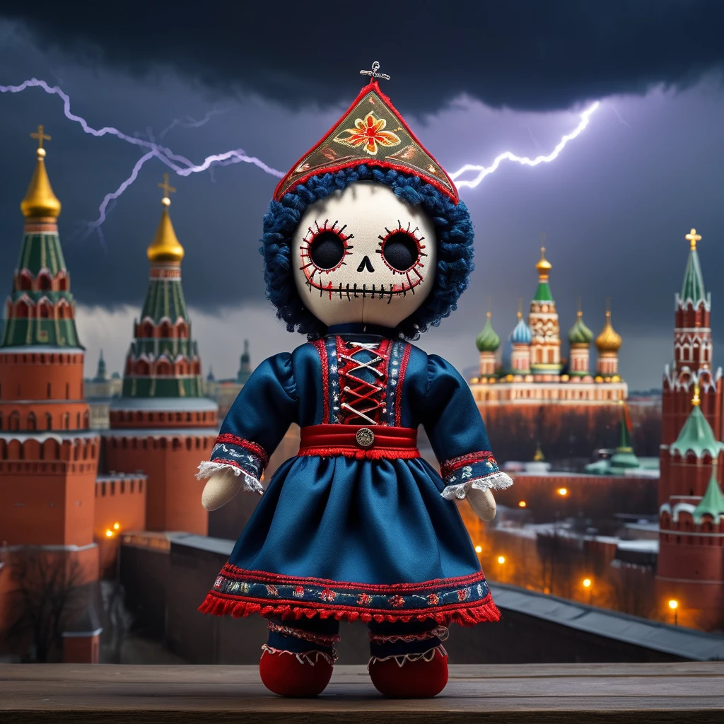 (knitted toy voodoo doll:1.2), (Voodoo in Traditional Russian Attire:1.3), (Clothing: traditional Russian sarafan and kokoshnik:1.4), (background: Moscow Kremlin with its iconic towers and walls, under a dark, stormy sky with lightning:1.2), eerie atmosphere, shadows and fog enveloping the scene,  best quality, masterpiece, detailed soft oil painting, detailed background, dramatic cinematic lighting, soft edge lighting, professional, dramatic lighting, hard edge lighting, ultra quality, 4k,masterpiece, best quality, 8k, ultra highres, highres, extremely detailed