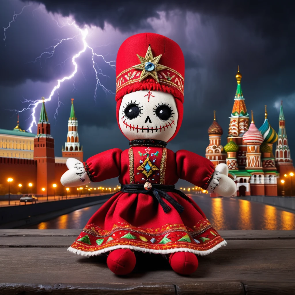 (knitted toy voodoo doll:1.2), (Voodoo in Traditional Russian Attire:1.3), (Clothing: traditional Russian sarafan and kokoshnik:1.4), (background: Moscow Kremlin with its iconic towers and walls, under a dark, stormy sky with lightning:1.2), eerie atmosphere, shadows and fog enveloping the scene,  best quality, masterpiece, detailed soft oil painting, detailed background, dramatic cinematic lighting, soft edge lighting, professional, dramatic lighting, hard edge lighting, ultra quality, 4k,masterpiece, best quality, 8k, ultra highres, highres, extremely detailed