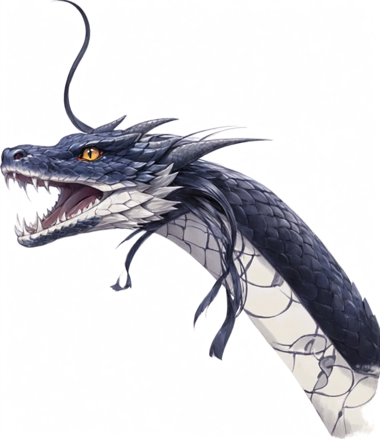 A drawing of a snake with its mouth open, Jermon Gander, Scarred Dragon, Dragon Portrait, A dragon, Jomon Gander, Portrait of a dragon, Faucet, Anthropomorphic dragon, Dragon Tail, sleek Faucet, Numbers of Quetzalcoatl, Winged dragon snake