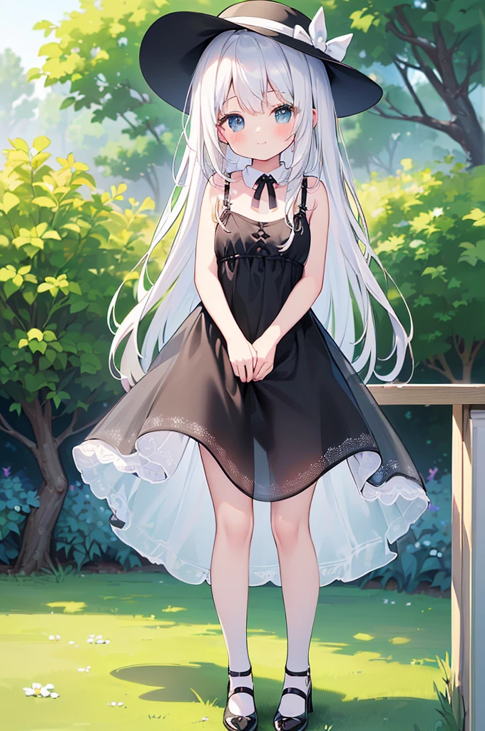 (high quality, High resolution, Very detailed, reality:1.37), Peaceful atmosphere, (Outdoor, garden), 5 year old girl standing alone, (my breasts are small.), Beautiful details, Cute Smile, (Long white hair), ((Black sheer camisole dress)), White socks, White high heels、White Hat.NSFW、((Sheer milk))、((Crotch showing through))