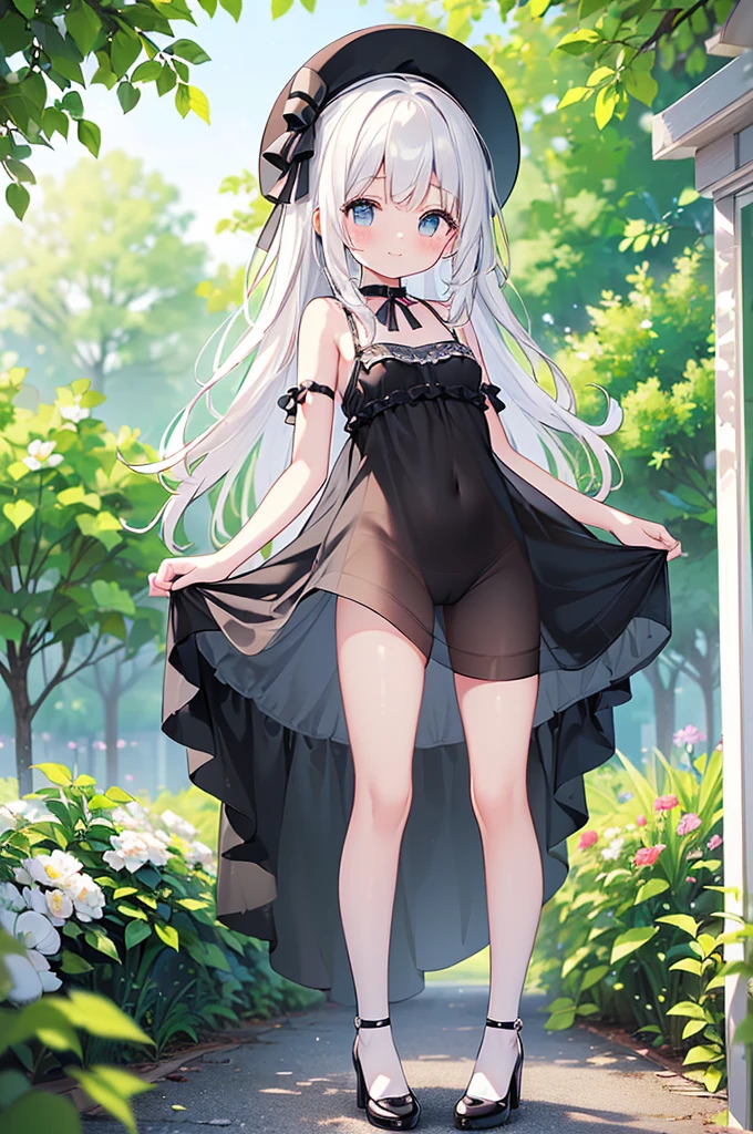 (high quality, High resolution, Very detailed, reality:1.37), Peaceful atmosphere, (Outdoor, garden), girl standing alone, (my breasts ar.), Beautiful details, Cute Smile, (Long white hair), ((Black sheer camisole dress)), White socks, White high heels、White Hat.NSFW、((Sheer milk))、((Crotch showing through))