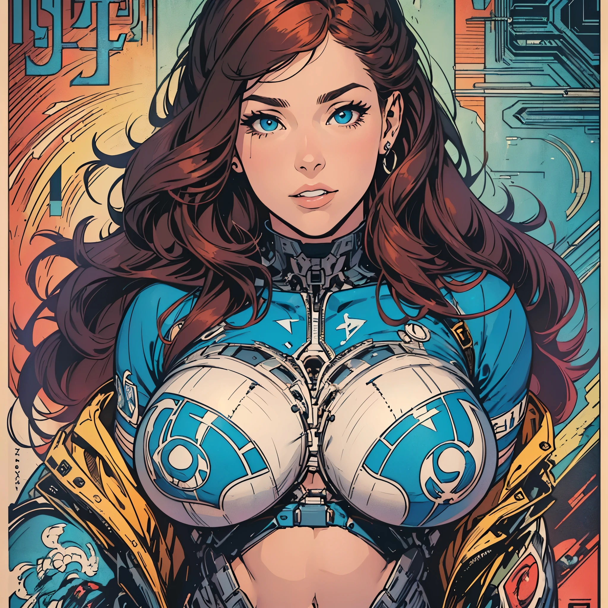 (((ultimate best quality))),(((solo:1.2))),(((1girl:1.2))),((((beautiful perfect woman)))),(((detailed perfect body, detailed perfect finger))),((((((ultimate movie poster)))))),(((bust up, close up))),((((detailed complicated machine)))),(((((genius mechanical))))),(((American comics))),(((extreme highlights))),(((Extremely colorful, primary colors))),cleavage, super beautiful lady,(((typography))),text