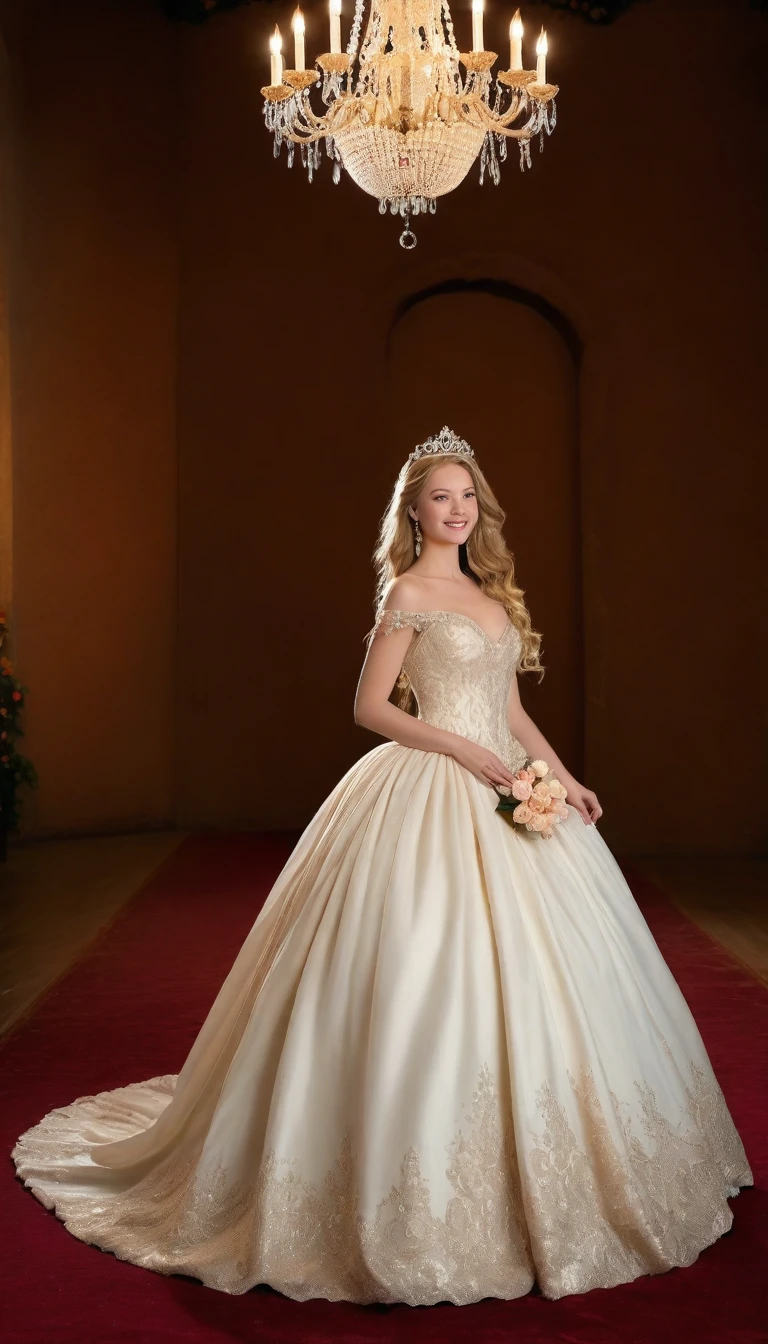 princess, blissful languor, dreamy gaze, beautifully adorned gown, enchanting castle, golden tiara, flowing golden hair, sparkling eyes, starry night sky, soft candlelight, dancing shadows, whispered secrets, romantic atmosphere, gentle breeze, rustling leaves, fragrant roses, intricate tapestries, shimmering moonlight, sparkling stars, mesmerizing enchantment, ethereal beauty, luxurious velvet cushions, delicate lace curtains, silken pillows, majestic chandelier, dimly lit corridors, whispering echoes, antique furniture, splendid ballroom, exquisite ball gown, dancing with grace, inviting smile, enchanted waltz, dashing Prince Charming, heartfelt connection, magical midnight fantasy, pure love, forever after, (best quality, 4k, 8k, highres, masterpiece:1.2), ultra-detailed,(realistic, photorealistic, photo-realistic:1.37), soft pastel colors, warm golden lighting