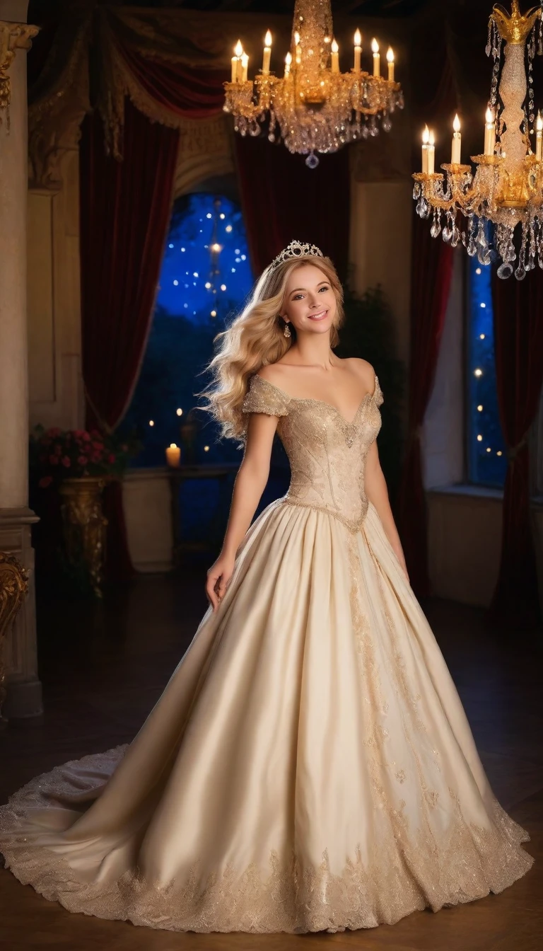 princess, blissful languor, dreamy gaze, beautifully adorned gown, enchanting castle, golden tiara, flowing golden hair, sparkling eyes, starry night sky, soft candlelight, dancing shadows, whispered secrets, romantic atmosphere, gentle breeze, rustling leaves, fragrant roses, intricate tapestries, shimmering moonlight, sparkling stars, mesmerizing enchantment, ethereal beauty, luxurious velvet cushions, delicate lace curtains, silken pillows, majestic chandelier, dimly lit corridors, whispering echoes, antique furniture, splendid ballroom, exquisite ball gown, dancing with grace, inviting smile, enchanted waltz, dashing Prince Charming, heartfelt connection, magical midnight fantasy, pure love, forever after, (best quality, 4k, 8k, highres, masterpiece:1.2), ultra-detailed,(realistic, photorealistic, photo-realistic:1.37), soft pastel colors, warm golden lighting