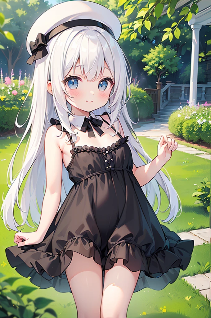 (high quality, High resolution, Very detailed, reality:1.37), Peaceful atmosphere, (Outdoor, garden), 5 year old girl standing alone, (my breasts are small.), Beautiful details, Cute Smile, (Long white hair), ((Black sheer camisole dress)), White socks, White high heels、White Hat.NSFW、((Sheer milk))、((Crotch showing through))