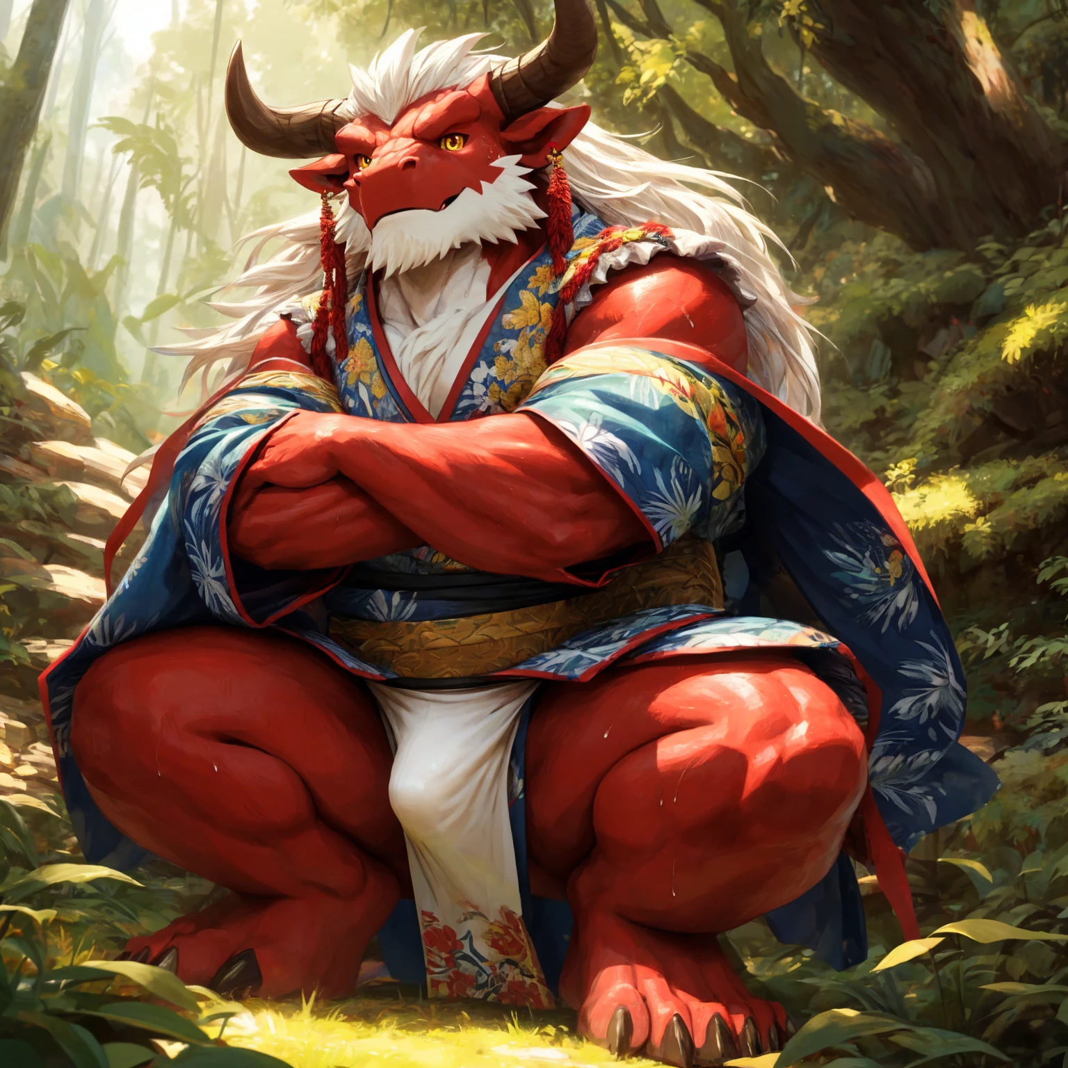 ultra-detailed, masterpiece, masterwork, high quality, best quality, hdr, (nature, japanese style), nsfw, male, solo, chibi, dragon, ((kimono, bulge loincloth, white loincloth)), (little red body minotaur), (white chubby body), (long golden hair, yellow eyes, cool eyes), squatting, cross your arms, dynamic angle, earrings, sweat