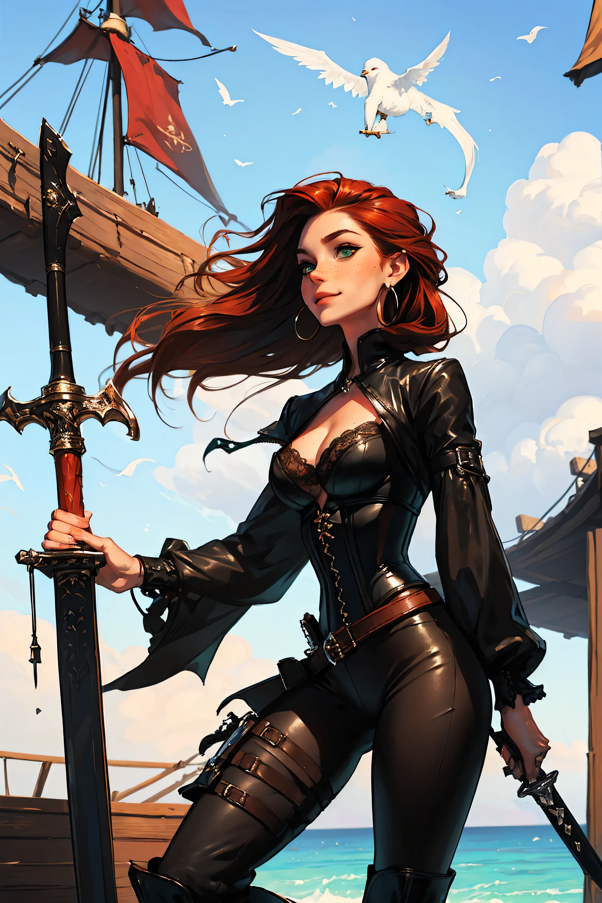 (masterpiece), best quality, expressive eyes, perfect face, (pirate ship background), (standing), (smirk), (closeup view), (1girl, , pale skin, freckled skin, dark red hair, wavy hairstyle, green eyes, hourglass figure, thin body, skinny body, petite_body, medium breasts, thick thighs, long fingernails, exposed bra, white front lace blouse, long sleeve, loose fit, black leather corset, black leather pants, black boots, sheathed cutlass sword, flintlock pistol in holster, hoop earrings, miscellaneous jewelry)