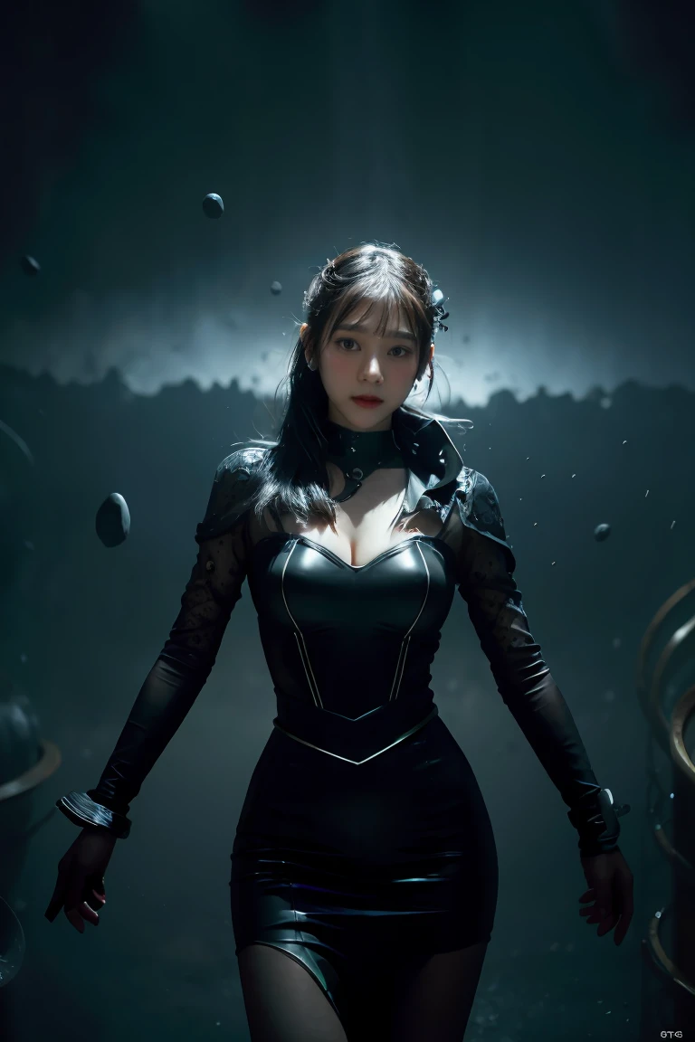 ((masterpiece, best quality)), ultra detailed 8k, photorealistic, sharp focus, highly detailed, professional lighting , shadowmancer, photo of a woman, ink particle, ((swirling black ink floating around)), futuristic fantasy, futuristic black dress, dynamic pose, realistic, masterpiece, intricate details, detailed background, depth of field,
