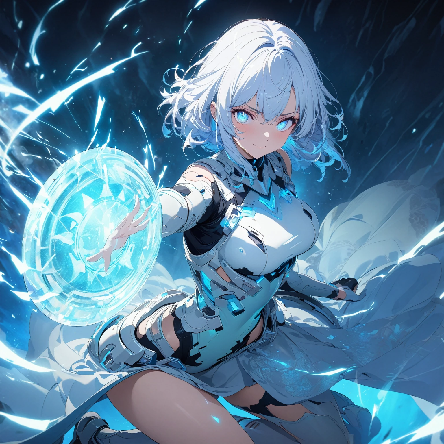 an image of a gentle girl with short, silvery-blue hair, wearing a futuristic, battle-ready outfit with glowing blue elements. She has a kind expression on her face, characterized by soft, warm eyes and a gentle smile with relaxed features. She is generating a large, translucent energy shield that shimmers with blue light, protecting herself and an area around her. The girl should be in a dynamic yet gentle pose, with one hand outstretched towards the viewer as if she's directing the shield and the other hand resting gently by her side. Her stance is strong yet relaxed, with one leg slightly bent. The background is dark and dramatic, with hints of blue light and energy waves illuminating their figures. The shield should have intricate, glowing patterns, enhancing the sense of her power and gentle control, (nude:0.8), detailed gorgeous face| anime style| key visual| intricate detail| highly detailed| breathtaking| vibrant| panoramic| cinematic| Carne Griffiths| Conrad Roset| gibbli 8k