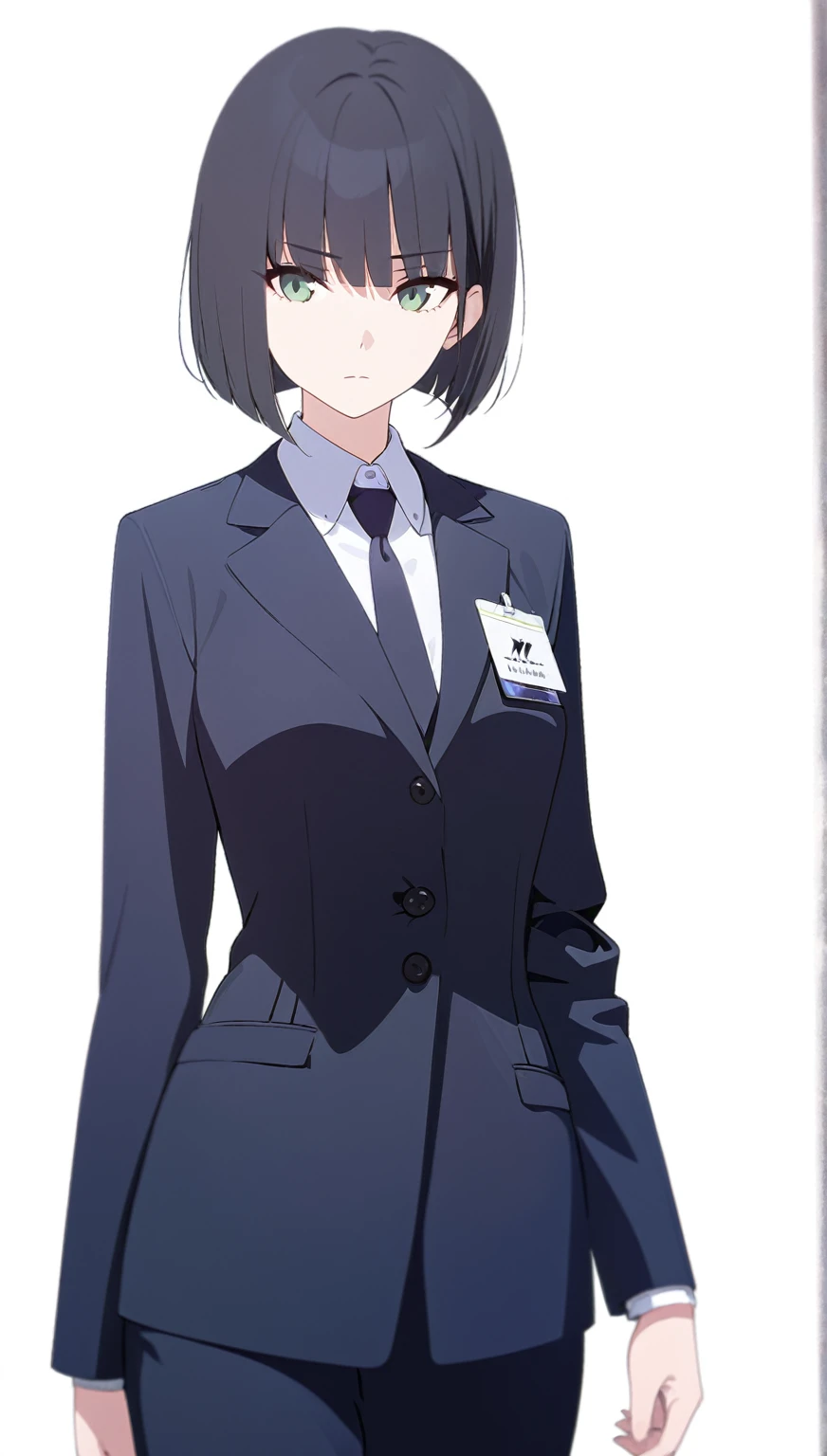 (masterpiece, high quality, best quality, highres,) One Woman, young, black hair, bob cut, Green Eyes, Athletic build, expressionless, closed mouth, office staff suit, Simple white background, standing, cowboy shot, from the front