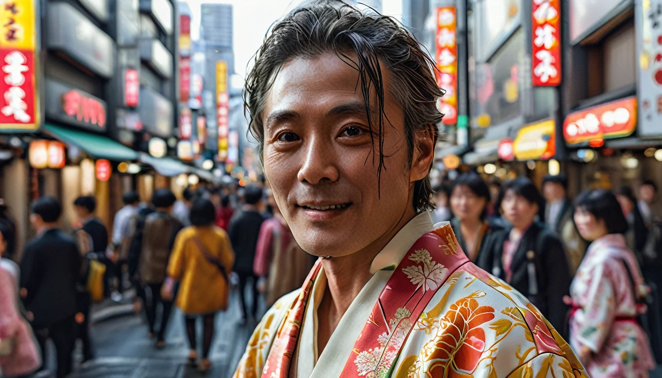 Middle-aged man taking a selfie in the streets of Shinjuku, man wears a Japanese kimono, full body, wide angle, 4K (man) high resolution, sharp focus, (ultra detailed, highly detailed), (photorealistic artwork: 1.37), (highly detailed CG Unity 8k wallpaper), (((vibrant colors, vibrant theme))), (intricate), (masterpiece), (best quality), art photography, (photo by sldr), (intricate background), perfectly rendered face, perfect facial details, realistic face, photorealistic, ((intricate details)), (((realism))), full body, wide field of view,