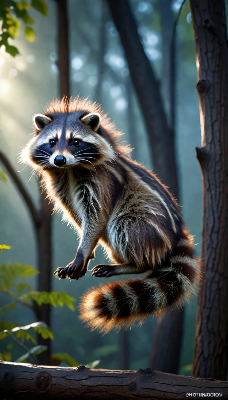 A raccoon with long hair on his head，Mysterious Creatures, shrike, (best quality，4K，8K，High level，masterpiece：1.2），Ultra Detailed，（lifelike，Photo real，Photo real：1.37），Highly detailed animals，Complex patterns，Realistic lighting，Fantasy Creatures
