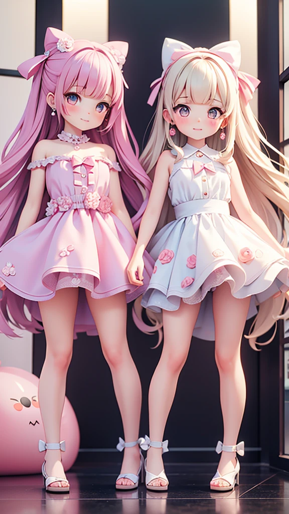 (((bishojo, two girls))), ((kawaii face)), ((kawaii eyes)), (masterpiece), (top quality), (hyper detailed), (exquisite), (depth), (crisp), (8k), (beautiful and aesthetic), (super detailed skin), (high standard), (high resolution), (perfect anatomy), ((full body)), (blush), (bare foot), (bow in hair), (armpits), (blunt bangs), (earrings), (strapless sleeveless dress), (summer coast), ((yuri))