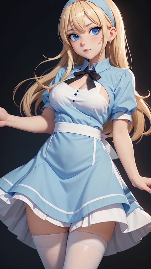 core_9, score_8_up, score_7_up, 1girl, AliceWaifu, blue eyes, blue dress, white pantyhose, apron, black hairband, blonde, dynamic angle, standing