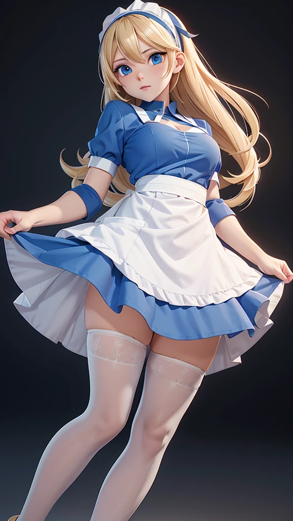 core_9, score_8_up, score_7_up, 1girl, AliceWaifu, blue eyes, blue dress, white pantyhose, apron, black hairband, blonde, dynamic angle, standing