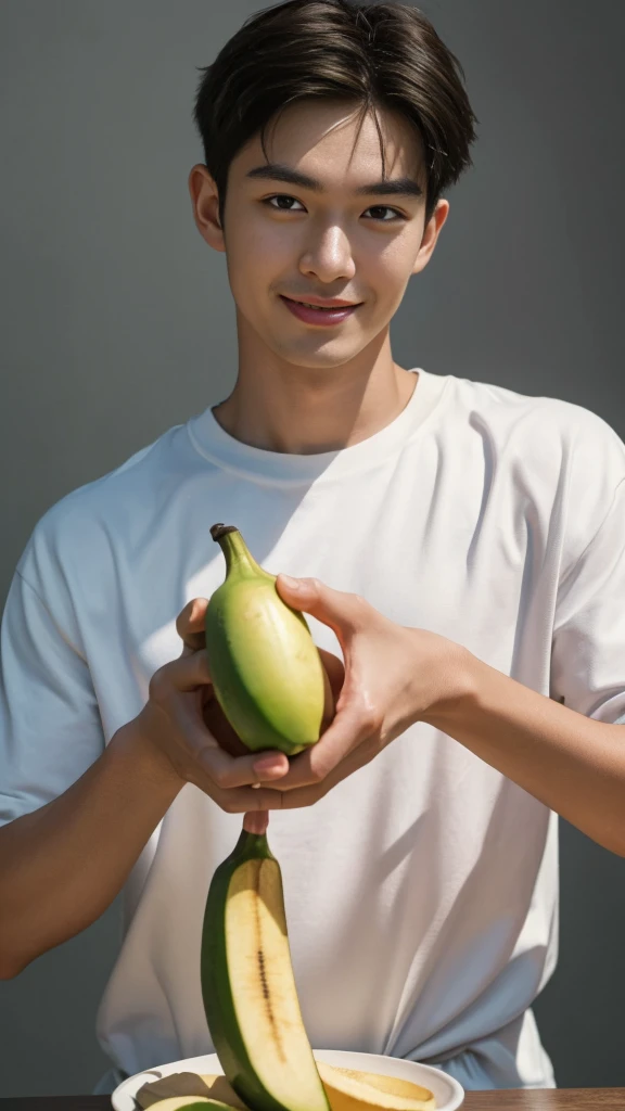 a man of asian ethnicity, smiling and posing with a banana in his hands, highly detailed facial features and eyes, pure background, (best quality,4k,8k,highres,masterpiece:1.2),ultra-detailed,(realistic,photorealistic,photo-realistic:1.37),soft lighting