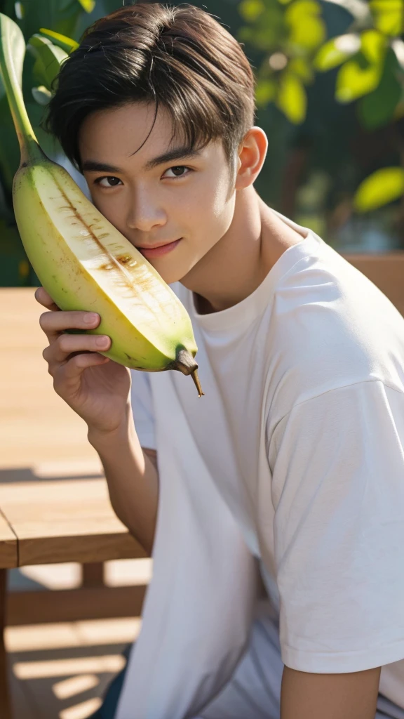 a man of asian ethnicity, smiling and posing with a banana in his hands, highly detailed facial features and eyes, pure background, (best quality,4k,8k,highres,masterpiece:1.2),ultra-detailed,(realistic,photorealistic,photo-realistic:1.37),soft lighting