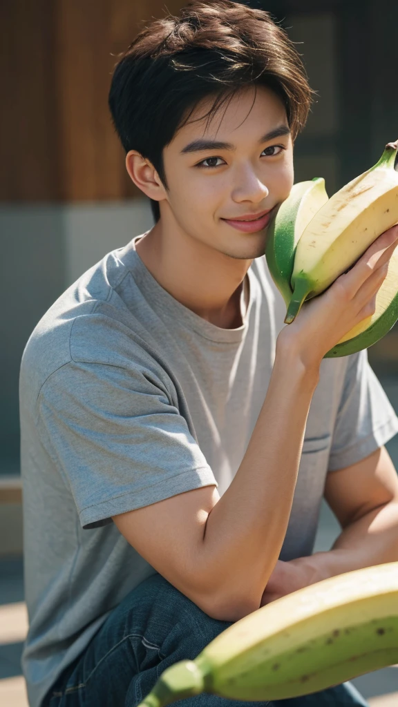 a man of asian ethnicity, smiling and posing with a banana in his hands, highly detailed facial features and eyes, pure background, (best quality,4k,8k,highres,masterpiece:1.2),ultra-detailed,(realistic,photorealistic,photo-realistic:1.37),soft lighting