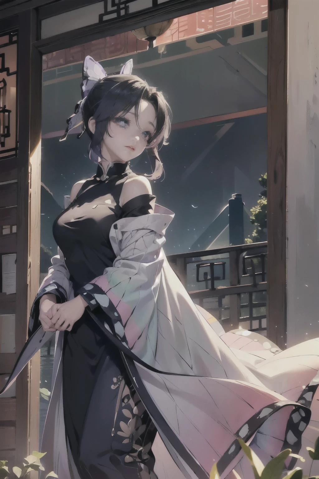 A girl，Wearing a bow on the head，Wearing a long skirt，，High heel，Purple black hair，(Full body）,Standing on the lake，Reflections of people in water，（Sadness），（HD picture），Perfect facial details，Exquisite。