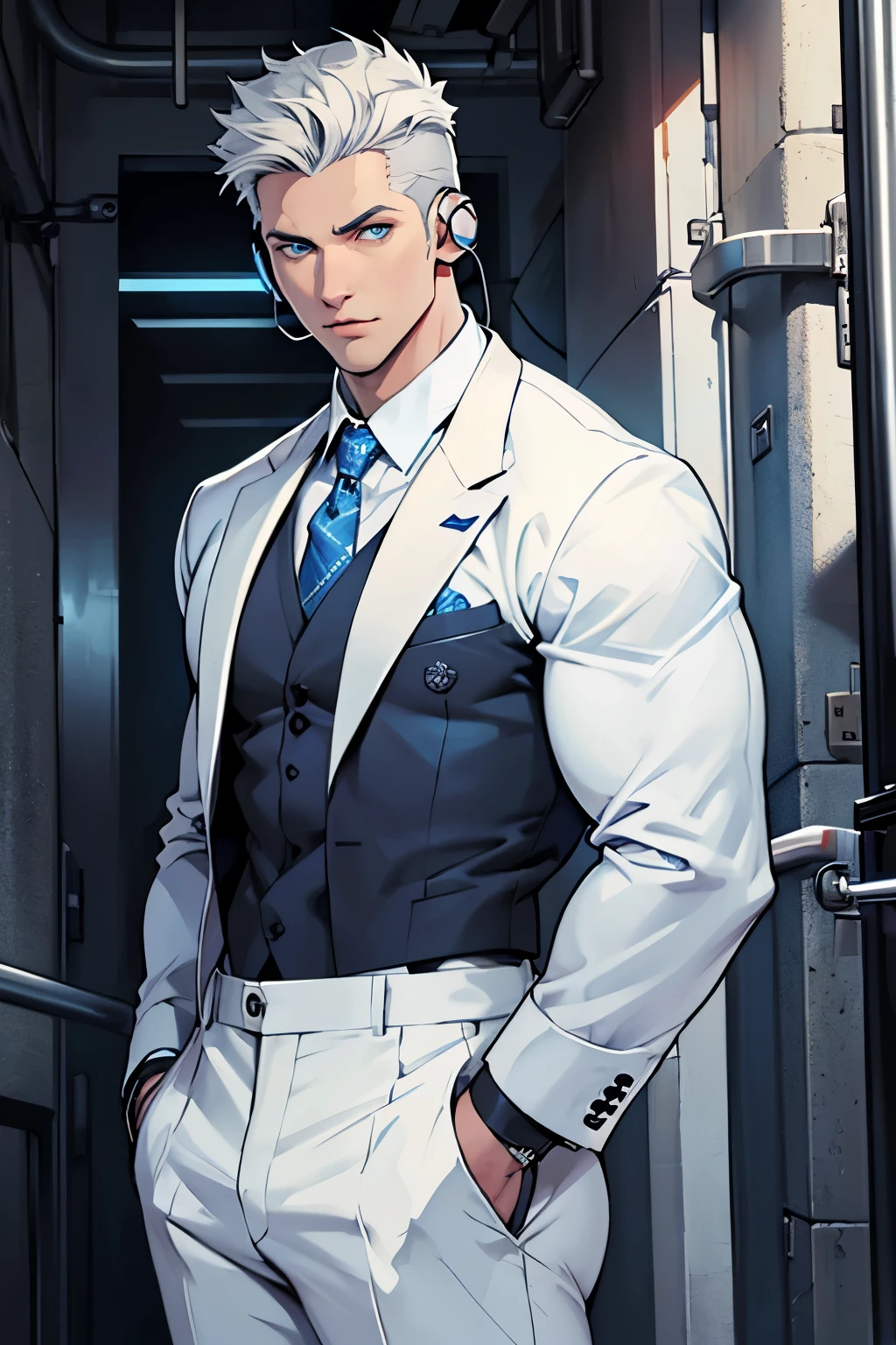 Drawing of a young Chad, Dark blue suit, White shirt,Pants, Looking at the camera, male,Silver short hair,Blue Eyes,muscle,bodyguard,(Wearing black headphones)