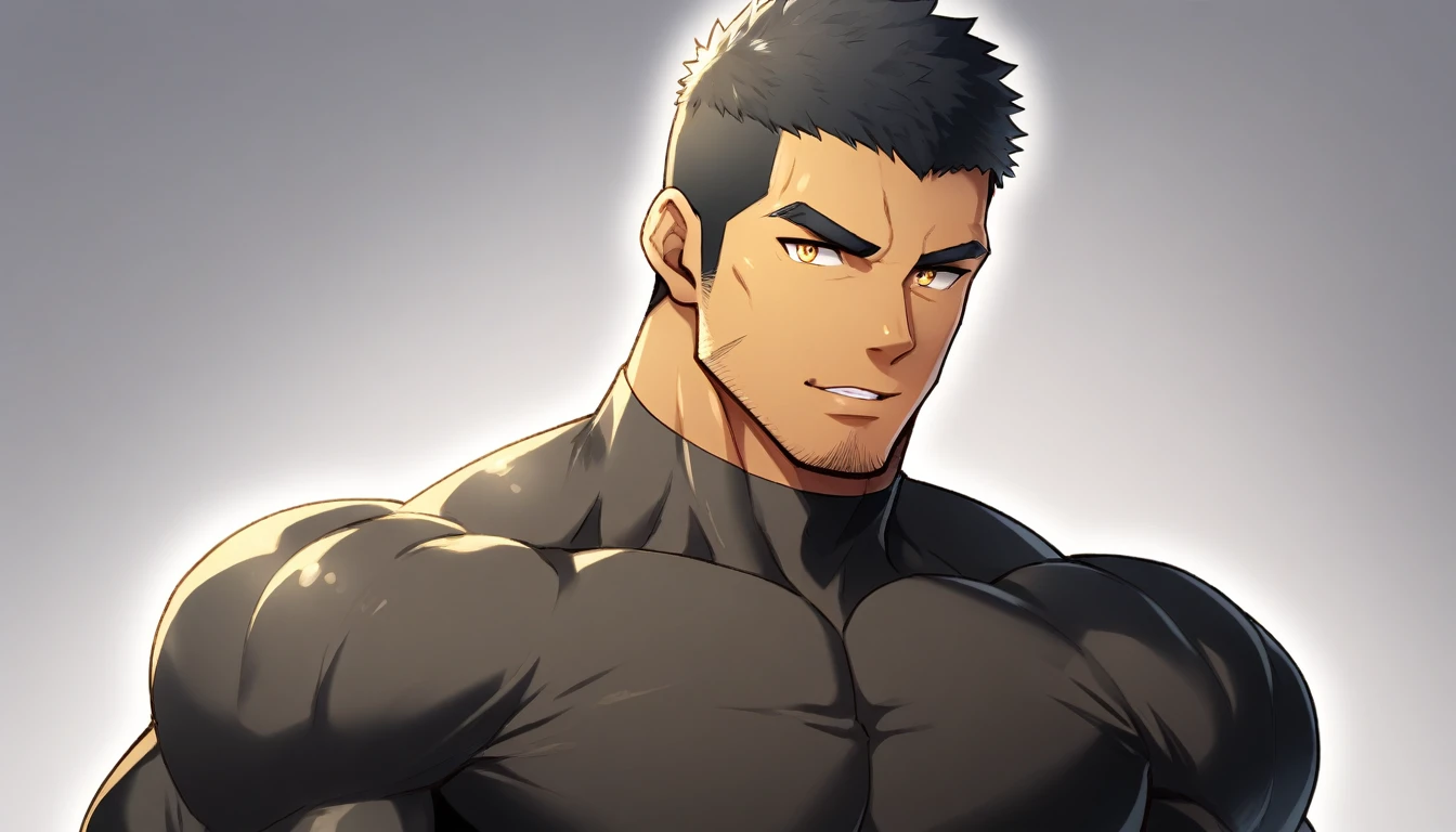anime characters:Gyee, Muscle Sports Student, negro black skin, 1 dark skin muscular tough guy, Manliness, male focus, Light yellow high collar long sleeve tight T-shirt, Slightly transparent material, Very tight, Round, full and perky chest muscles, Slightly transparent, muscular male, muscular, only, Upper body, alone, Black short hair, Thick eyebrows, stubble, Yellow eyes, Grey background, simple background, amazing quality, best aesthetics, Ridiculous, bright pupils, crew cut, parted lips, seductive smile, torogao, naughty face, drop shadow, best quality