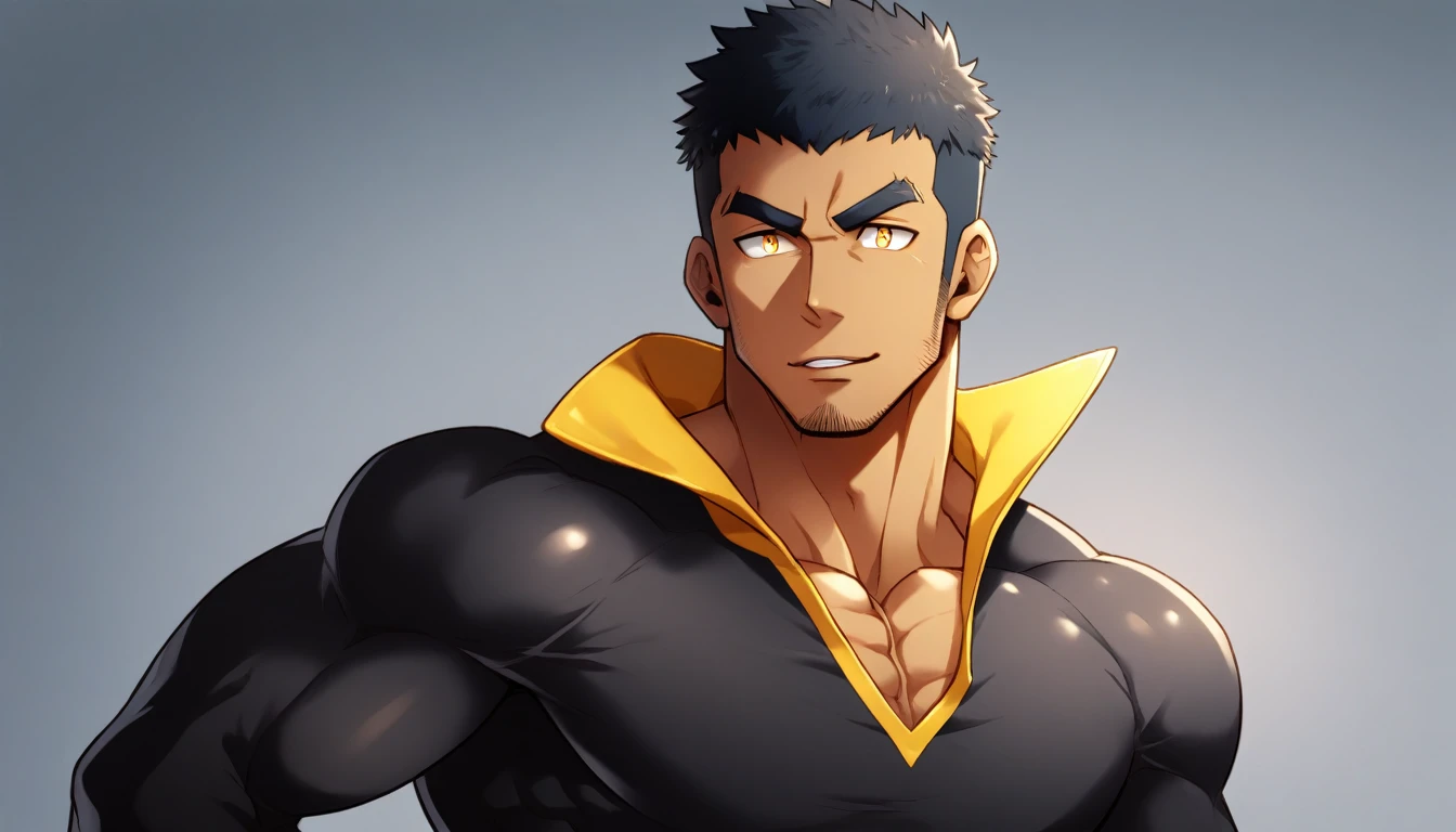 anime characters:Gyee, Muscle Sports Student, negro black skin, 1 dark skin muscular tough guy, Manliness, male focus, Light yellow high collar long sleeve tight T-shirt, Slightly transparent material, Very tight, Round, full and perky chest muscles, Slightly transparent, muscular male, muscular, only, Upper body, alone, Black short hair, Thick eyebrows, stubble, Yellow eyes, Grey background, simple background, amazing quality, best aesthetics, Ridiculous, bright pupils, crew cut, parted lips, seductive smile, torogao, naughty face, drop shadow, best quality