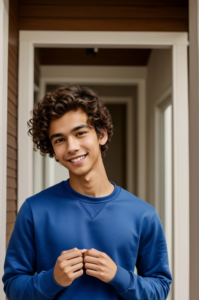 Muscular slender boy, brown curly hair, with mixed complexion, light eyes delicate smile dressed in a blue sweatshirt 