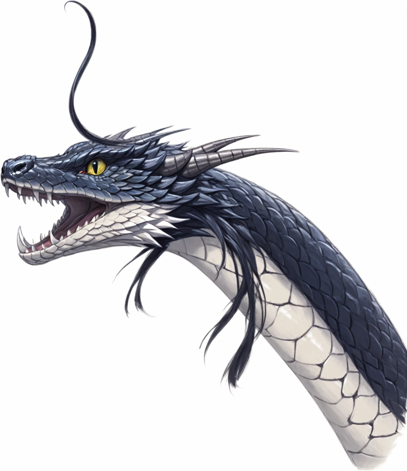 A drawing of a snake with its mouth open, Jermon Gander, Scarred Dragon, Dragon Portrait, A dragon, Jomon Gander, Portrait of a dragon, Faucet, Anthropomorphic dragon, Dragon Tail, sleek Faucet, Numbers of Quetzalcoatl, Winged dragon snake