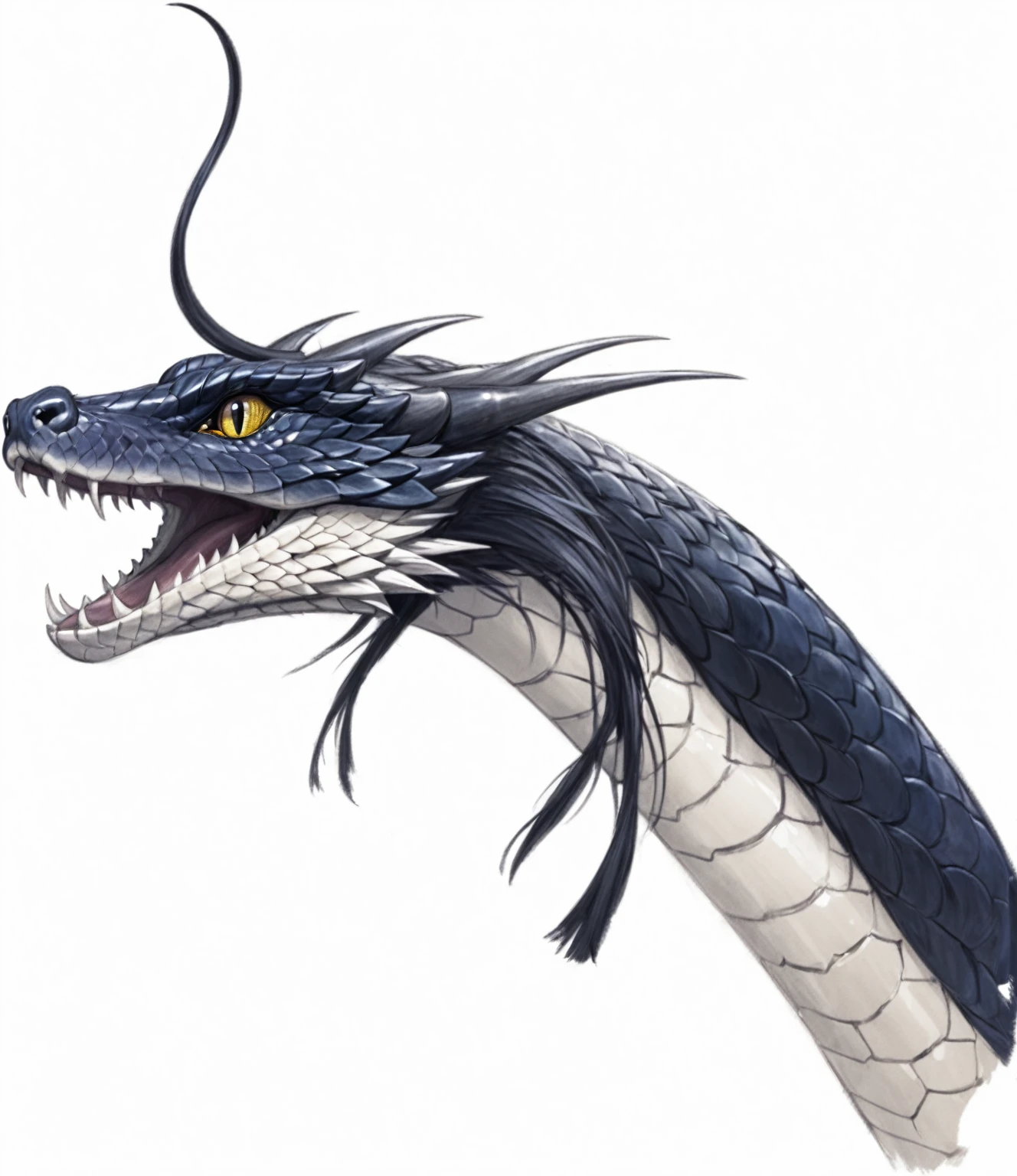 A drawing of a snake with its mouth open, Jermon Gander, Scarred Dragon, Dragon Portrait, A dragon, Jomon Gander, Portrait of a dragon, Faucet, Anthropomorphic dragon, Dragon Tail, sleek Faucet, Numbers of Quetzalcoatl, Winged dragon snake