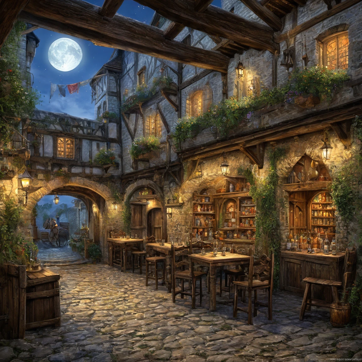 ((best quality)), ((masterpiece)), ((realistic,digital art)), (super detailed), (grand taverne sous un clair de lune), (Medieval style)