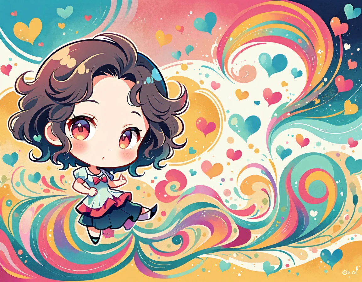 Momoko style, Simple Line Initialism,Abstract art,Urban Background, colorful hearts ,(((The most beautiful girl of all time))), (((chibi))),