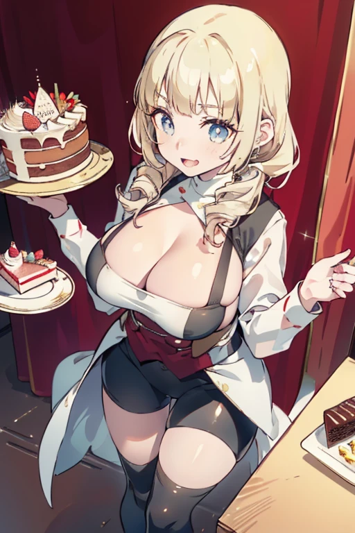 (dynamic angle:1.3, front view:1.1, breast focus:1.3, from above:1.1), (dynamic posing:1.2, sexy posing:1.2), (seductive smiling:1.3), ((looking at cake,Taking a cake out of the golden oven, worried about the outcome:1.2)),highest quality、(real、photorealistic:1.4),(ultra high resolution, 8K RAW photo, clear focus), best qualtiy, natural lighting, field depth, (Bright pupils, detailed beautiful eyes, high detailed face), Red lip, (tight focus:1.2), a girl 22yo old, Wearing a pastry chef uniform:1.3 , Thicc, thin breast, long hair, blue eyes,garter stocking, cleavage:1.2, midriff, black shorts, black thighhighs, thigh strap, pretty girl, (highly detailed beautiful face and eyes,firm breasts),real skin,((black,hair,long pony tail hair)),thin pubic hair,cute,lovely, detailed eyes,(double breasted:1.0,under bust:1.0),(with sparkling eyes and a contagious smile),open mouth, Looking at Viewer,A scene of cooking in the kitchen,looking at the golden oven
