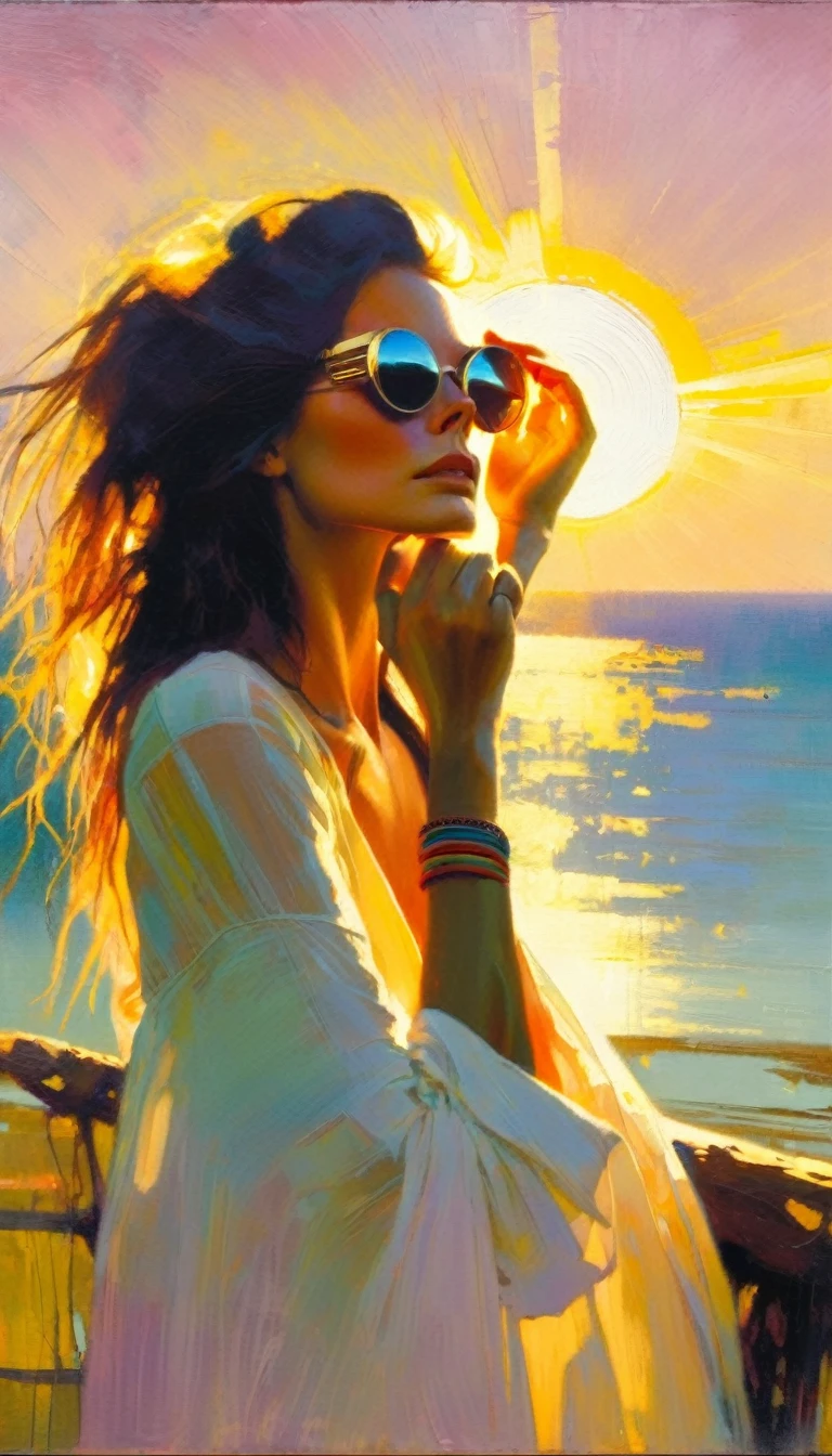 beautiful woman, traveling woman, very hippie, she places her hand on her forehead to cover her eyes from the sun and to be able to see the horizon, she carries a long wooden stick(art inspired in Bill Sienkiewicz). oil painting)