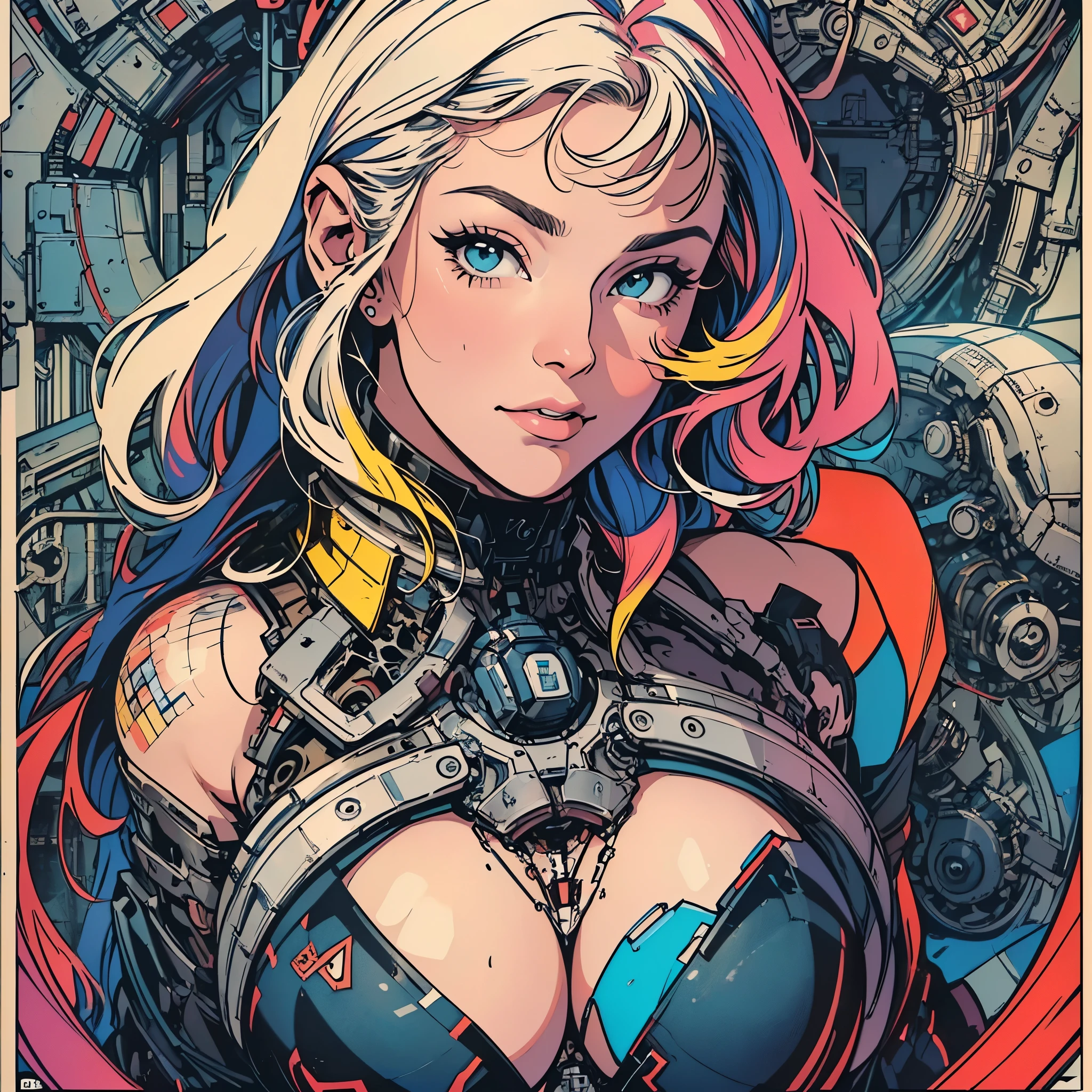 (((ultimate best quality))),(((solo:1.2))),(((1girl:1.2))),((((beautiful perfect woman)))),(((detailed perfect body, detailed perfect finger))),((((((ultimate movie poster)))))),(((bust up, close up))),((((detailed complicated machine)))),(((((genius mechanical))))),(((American comics))),(((extreme highlights))),(((Extremely colorful, primary colors))),cleavage, super beautiful lady,(((typography))),text