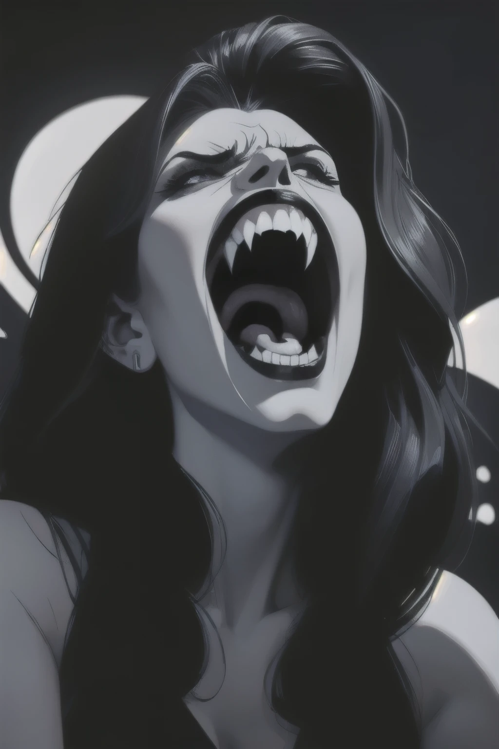 (masterpiece, top quality, best quality, official art, beautiful and aesthetic:1.2), (black and white:1.5), a pale Vampire girl with white skin, long hair flowing, black hair, ((open mouth, vampire teeth, angry face)), (((perfect vampire teeth))), oil painting:1.5, gloomy, holy, dark backgroound, black background, a dark shadow behind.