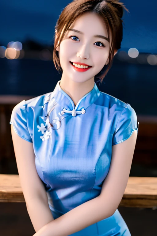 a gorgeous Chinese lady, 18 years old, wearing a traditional Qipao, sky-blue silk fabric, natural pose under night sky, slender graceful figure, ample round bosom, fair skin, beautiful detailed face, detailed eyes, alluring smile, aegyo dimples, kawaii snaggle-tooth, short bob hair, ponytail, (best quality,8K,highres,masterpiece:1.2),ultra-detailed,(realistic,photorealistic,photo-realistic:1.37),HDR,UHD,vivid colors,moon light,extremely detailed,professional,high camera angle,head to knee,bokeh background, dreamy and romantic atmosphere 