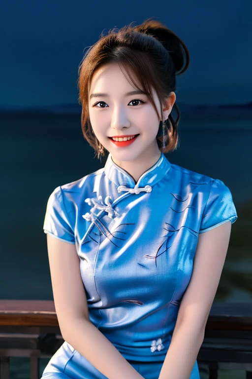 a gorgeous Chinese lady, 18 years old, wearing a traditional Qipao, sky-blue silk fabric, natural pose under night sky, slender graceful figure, ample round bosom, fair skin, beautiful detailed face, detailed eyes, alluring smile, aegyo dimples, kawaii snaggle-tooth, short bob hair, ponytail, (best quality,8K,highres,masterpiece:1.2),ultra-detailed,(realistic,photorealistic,photo-realistic:1.37),HDR,UHD,vivid colors,moon light,extremely detailed,professional,high camera angle,head to knee,bokeh background, dreamy and romantic atmosphere 